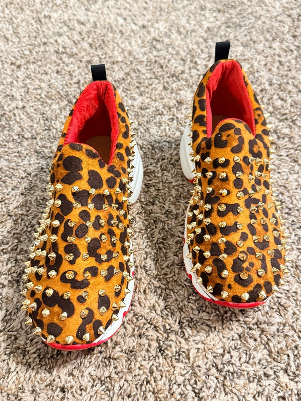 Leopard-Print Slip-On Sneakers with Gold Studs - Orange/Red